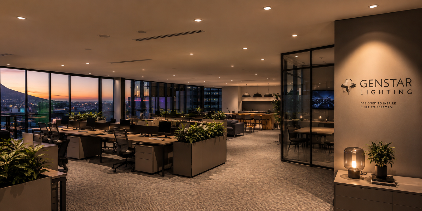 Genstar-lit modern office at dusk